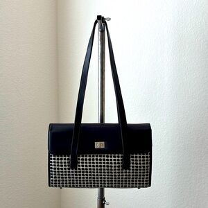 suzanne cristan leather textile black white shoulder bag kiss lock VGUC classic